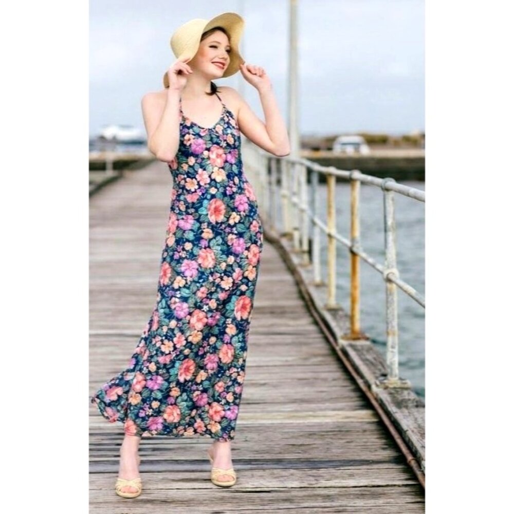 California Dynasty Medium Navy Floral Maxi Slip Dress Spaghetti Straps 90s Beach
